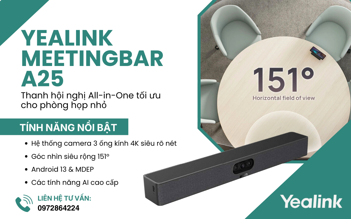 Yealink MeetingBar A25: Thanh hội nghị All-in-One tối ưu cho phòng họp nhỏ