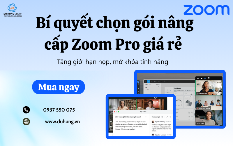 Trong thời đại làm việc từ xa và học tập trực tuyến lên ngôi, Zoom đã trở thành một nền tảng không thể thiếu đối với các doanh nghiệp, tổ chức giáo dục và cá nhân. Giải pháp hoàn hảo nhất chính là nâng cấp Zoom Pro giá rẻ. Bài viết dưới đây Du Hưng sẽ chia sẻ đến bạn những mẹo hay nhất để chọn được gói nâng cấp Zoom Pro giá rẻ, giúp bạn tăng giới hạn cuộc họp, mở khóa toàn bộ tính năng cao cấp mà vẫn tối ưu hóa chi phí một cách tối đa. Tại sao bạn cần nâng cấp tài khoản Zoom lên bản Pro? Trước khi tìm kiếm các dịch vụ nâng cấp Zoom Pro giá rẻ, bạn cần hiểu rõ tại sao việc đầu tư này lại hoàn toàn xứng đáng. Phiên bản Pro mang lại sự lột xác hoàn toàn cho trải nghiệm họp trực tuyến của bạn. 1. Tăng số lượng người tham gia và chất lượng cuộc họp Bên cạnh việc không giới hạn thời gian, bản Pro cho phép bạn tổ chức cuộc họp lên đến 100 người tham gia cùng lúc (và có thể mua thêm tiện ích mở rộng để tăng lên 500 hoặc 1000 người). Hơn thế nữa, đường truyền băng thông của các tài khoản trả phí thường được tối ưu tốt hơn, mang lại chất lượng hình ảnh HD và âm thanh rõ nét, giảm thiểu tình trạng giật lag. 2. Mở khóa các tính năng quản lý và lưu trữ đám mây cao cấp Một lý do khác khiến nhiều người tìm cách nâng cấp Zoom Pro giá rẻ là để sử dụng các công cụ chuyên nghiệp. Bạn sẽ được cấp 5GB dung lượng lưu trữ đám mây (Cloud Recording) để ghi lại cuộc họp và dễ dàng chia sẻ qua link. Ngoài ra, tính năng cấp quyền Co-host (Đồng chủ trì), tạo Polling (Bảng khảo sát), Breakout Rooms (Chia phòng theo nhóm nhỏ) và tùy chỉnh Personal Meeting ID (ID phòng họp cá nhân) sẽ giúp bạn kiểm soát và điều hành cuộc họp hiệu quả hơn rất nhiều. Bảng giá Zoom Pro giá rẻ bản quyền mới nhất 2026 – Ưu đãi từ Du Hưng Du Hưng tự hào là đối tác cung cấp phần mềm Zoom bản quyền chính hãng tại Việt Nam. Dưới đây là bảng giá cập nhật các gói dịch vụ Zoom phổ biến nhất năm 2026. Để nhận được báo giá tốt nhất cùng các chương trình khuyến mãi đặc biệt, đừng ngần ngại liên hệ với chúng tôi! Hotline/Zalo Tư vấn & Báo giá: 0945236013 – Mr. Hùng TÊN GÓI THỜI GIAN SỬ DỤNG GIÁ BÁN (VNĐ) GHI CHÚ Zoom Meetings – One – 100/300 Người tham gia (Gói Zoom Pro) 1 Năm 3.000.000đ Giá bán lẻ – Liên hệ để được giá tốt nhất! 1 Tháng 300.000đ Zoom Pro – 100 Người tham gia 1 Năm 3.200.000đ 1 Tháng 320.000đ Zoom Meetings – Biz – 300 Người tham gia (Gói Zoom Business) 1 Năm 4.700.000đ 1 Tháng 470.000đ Large Meeting 500 – NH 1 Năm 12.316.500đ License Nâng cấp, Chưa bao gồm license Pro/Biz/Edu 1 Tháng 1.026.375đ Large Meeting 1000 – NH 1 Năm 21.735.000đ 1 Tháng 1.905.750đ Video Webinar 500 1 Năm 14.163.975đ 1 Tháng 1.416.398đ Video Webinar 1000 1 Tháng Liên hệ: 0937 550 075 – Mr. Ẩn Video Webinar 3000 1 Tháng Liên hệ: 0945236013– Mr. Hùng Mẹo chọn gói nâng cấp Zoom Pro giá rẻ, tiết kiệm chi phí Để đảm bảo an toàn tuyệt đối và hưởng trọn vẹn các quyền lợi từ hãng, việc mua qua các đại lý ủy quyền chính thức (Zoom Partner) tại Việt Nam là giải pháp tối ưu nhất. Du Hưng Group tự hào là một trong những đối tác cung cấp giải pháp Zoom Workplace bản quyền uy tín hàng đầu, mang đến cho bạn dịch vụ nâng cấp Zoom Pro giá rẻ với chất lượng vượt trội. 1. Nâng cấp chính chủ trên Email cá nhân/doanh nghiệp Tại Du Hưng, dịch vụ nâng cấp Zoom Pro giá rẻ được thực hiện trực tiếp trên chính email mà bạn đang sử dụng. Bạn hoàn toàn làm chủ tài khoản, không phải chia sẻ với bất kỳ ai, đảm bảo tính bảo mật và riêng tư tuyệt đối cho mọi dữ liệu cuộc họp. 2. Mức giá cạnh tranh và chiết khấu hấp dẫn (Volume Discount) Là đối tác lớn của Zoom, Du Hưng luôn có chính sách giá tốt nhất cho khách hàng. Thay vì mua trực tiếp từ website quốc tế với chi phí đắt đỏ và thủ tục thanh toán phức tạp, chọn gói nâng cấp Zoom Pro giá rẻ tại Du Hưng giúp bạn tiết kiệm chi phí đáng kể. Đặc biệt, với các doanh nghiệp cần mua số lượng lớn (nhiều Host), Du Hưng luôn cung cấp các gói chiết khấu cực kỳ hấp dẫn, tối ưu hóa ngân sách vận hành cho công ty. 3. Hỗ trợ xuất hóa đơn VAT  Một điểm cộng cực lớn khi giao dịch tại Du Hưng là khách hàng doanh nghiệp sẽ được cung cấp đầy đủ hợp đồng và hỗ trợ xuất hóa đơn VAT hợp lệ. Điều này giúp các công ty dễ dàng hợp thức hóa chi phí, minh bạch trong khâu kế toán – điều mà các dịch vụ bán tài khoản trôi nổi không thể đáp ứng. 4. Dịch vụ hỗ trợ kỹ thuật 24/7  Khi sử dụng công nghệ, việc gặp phải các sự cố kỹ thuật là khó tránh khỏi. Với dịch vụ nâng cấp Zoom Pro giá rẻ từ Du Hưng, bạn không phải loay hoay gửi email chờ đợi phản hồi từ bộ phận hỗ trợ quốc tế. Đội ngũ chuyên viên kỹ thuật giàu kinh nghiệm của Du Hưng luôn sẵn sàng hỗ trợ, xử lý sự cố nhanh chóng bằng tiếng Việt trong suốt quá trình bạn sử dụng dịch vụ. Khi nào bạn thực sự cần nâng cấp Zoom Pro? Không phải lúc nào cũng cần nâng cấp ngay. Bạn nên cân nhắc nâng cấp zoom pro giá rẻ khi xuất hiện các dấu hiệu sau: 1. Bạn thường xuyên họp nhóm lớn hoặc họp kéo dài Nếu lịch họp của bạn diễn ra dày đặc, kéo dài nhiều giờ hoặc thường có nhiều người tham gia cùng lúc, bạn sẽ thấy rõ lợi ích khi chọn gói Pro. 2. Bạn cần tính năng quản trị và kiểm soát cuộc họp tốt hơn Đối với team có nhiều người, cần phân quyền hoặc quản lý phiên họp chặt chẽ hơn, Zoom Pro là lựa chọn hợp lý. Khi bạn nhắm tới nâng cấp Zoom Pro giá rẻ, hãy ưu tiên gói có đầy đủ tính năng theo nhu cầu quản lý. 3. Bạn tổ chức webinar/hội thảo trực tuyến theo định kỳ Nếu bạn chạy sự kiện nội bộ hoặc webinar theo tháng/quý, việc nâng cấp zoom pro giá rẻ giúp trải nghiệm mượt hơn và chuyên nghiệp hơn. Xem thêm: Zoom Workplace Pro là gì? Tính năng nổi bật & lợi ích THÔNG TIN LIÊN HỆ CÔNG TY CỔ PHẦN CÔNG NGHỆ DU HƯNG TP.HCM: 215/56 Đường Nguyễn Xí, P.Bình Lợi Trung, TP.HCM HÀ NỘI: Số 21A3, Ngõ 67 Ngách 61 Phùng Khoang, P.Đại Mỗ, Hà Nội. Hotline/Zalo: 0937 550 075 – Mr. Ẩn Phone: 028-7300-0246 Email: info@duhung.vn Bí quyết chọn gói nâng cấp Zoom Pro giá rẻ