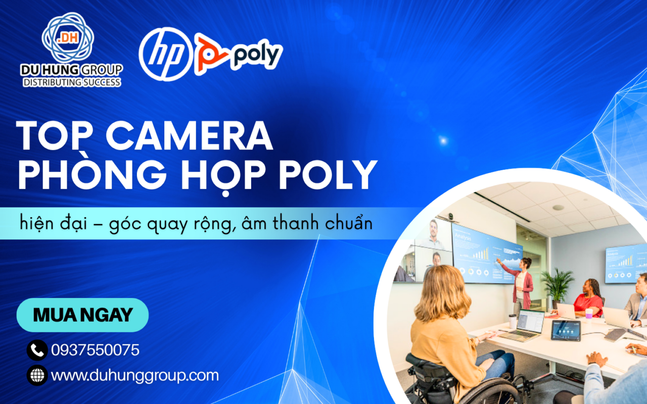 Top camera phòng họp Poly hiện đại – góc quay rộng, âm thanh chuẩn