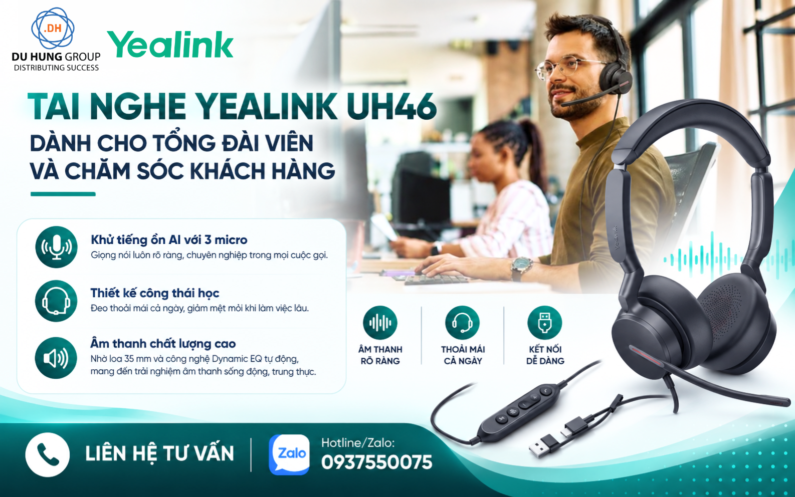 Tai nghe Yealink UH46 dành cho tổng đài viên và chăm sóc khách hàng