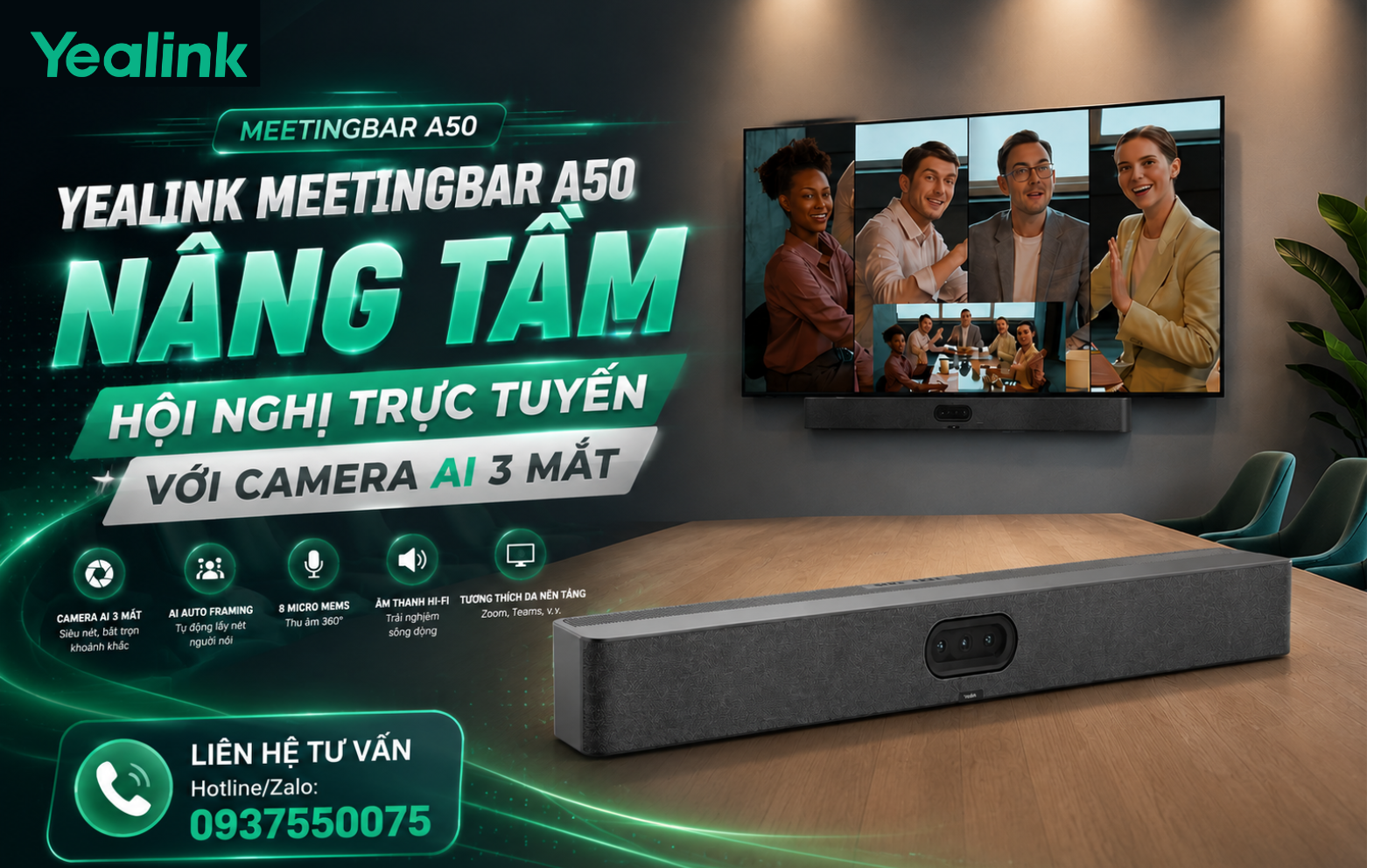 Yealink MeetingBar A50 – Nâng Tầm Hội Nghị Trực Tuyến Với Camera AI 3 Mắt (1)