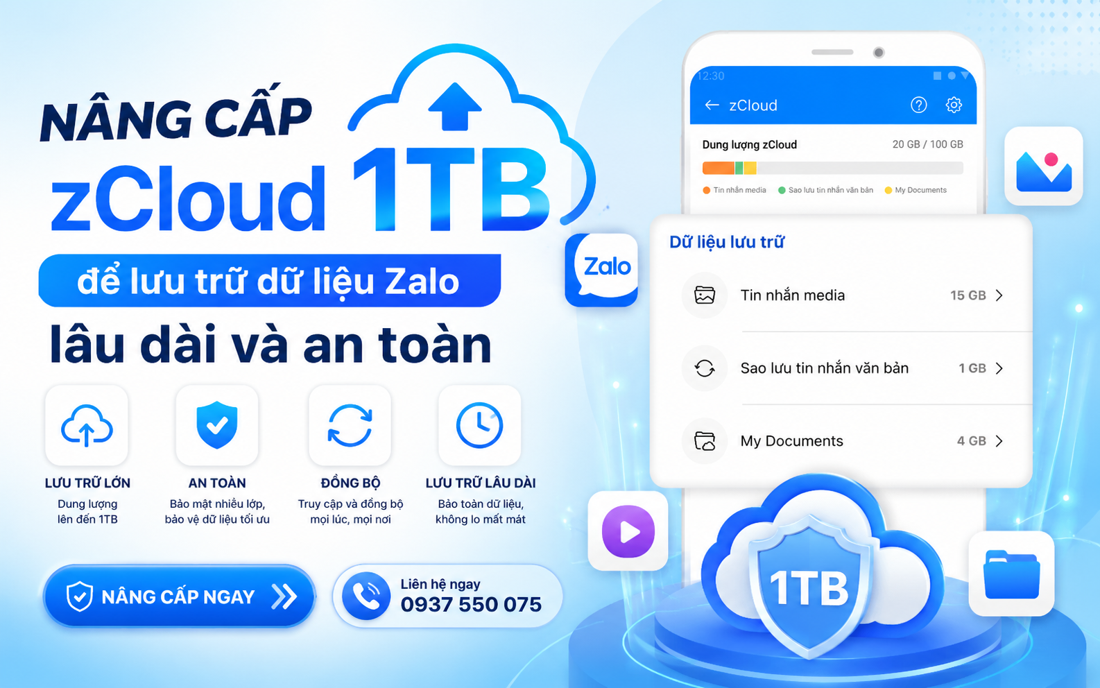 Nâng cấp zCloud 1TB để không lo mất dữ liệu Zalo quan trọng