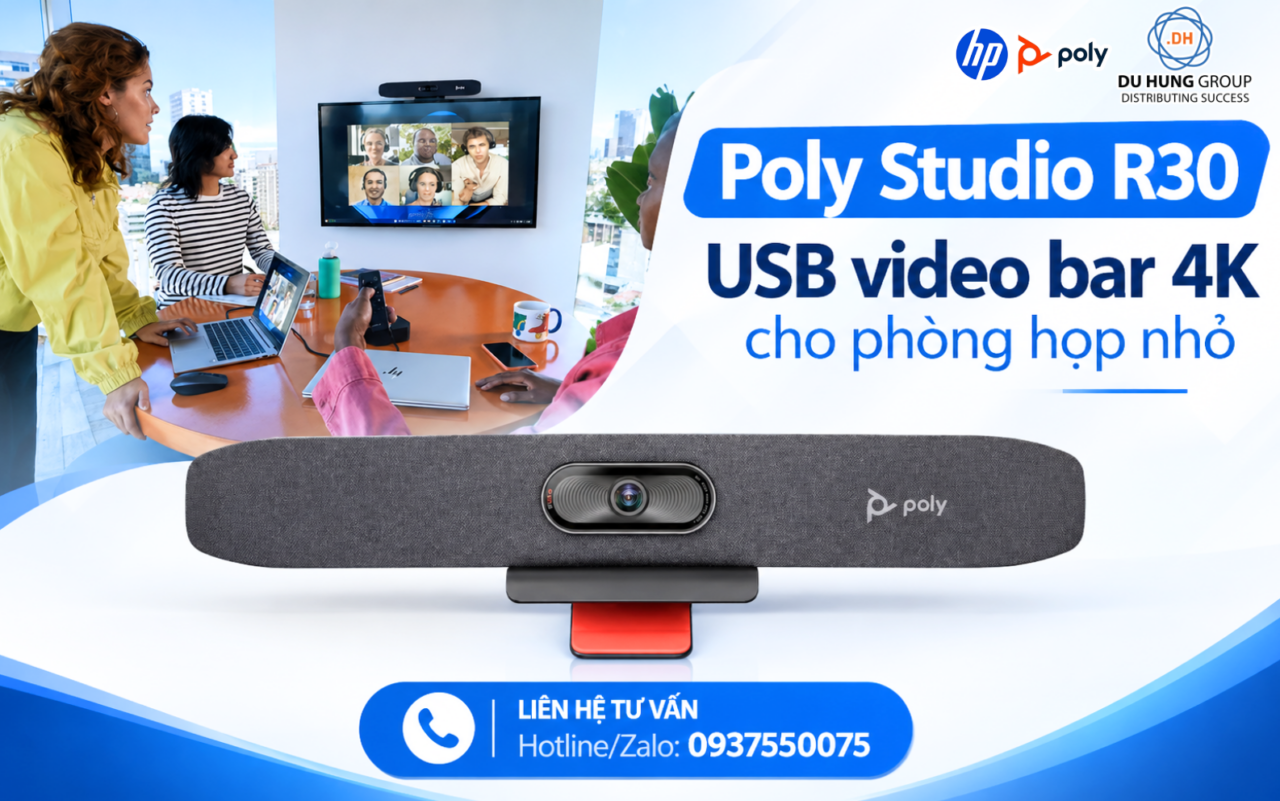 Poly Studio R30 USB video bar 4K cho phòng họp nhỏ