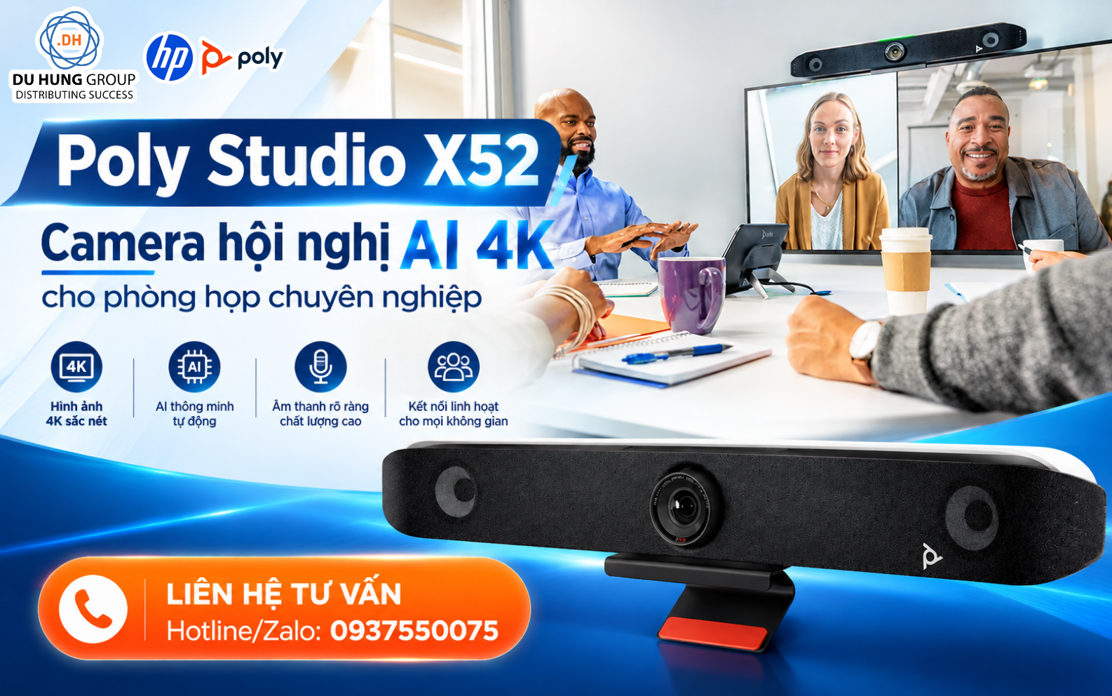 Poly Studio X52 Camera hội nghị AI 4K cho phòng họp chuyên nghiệp