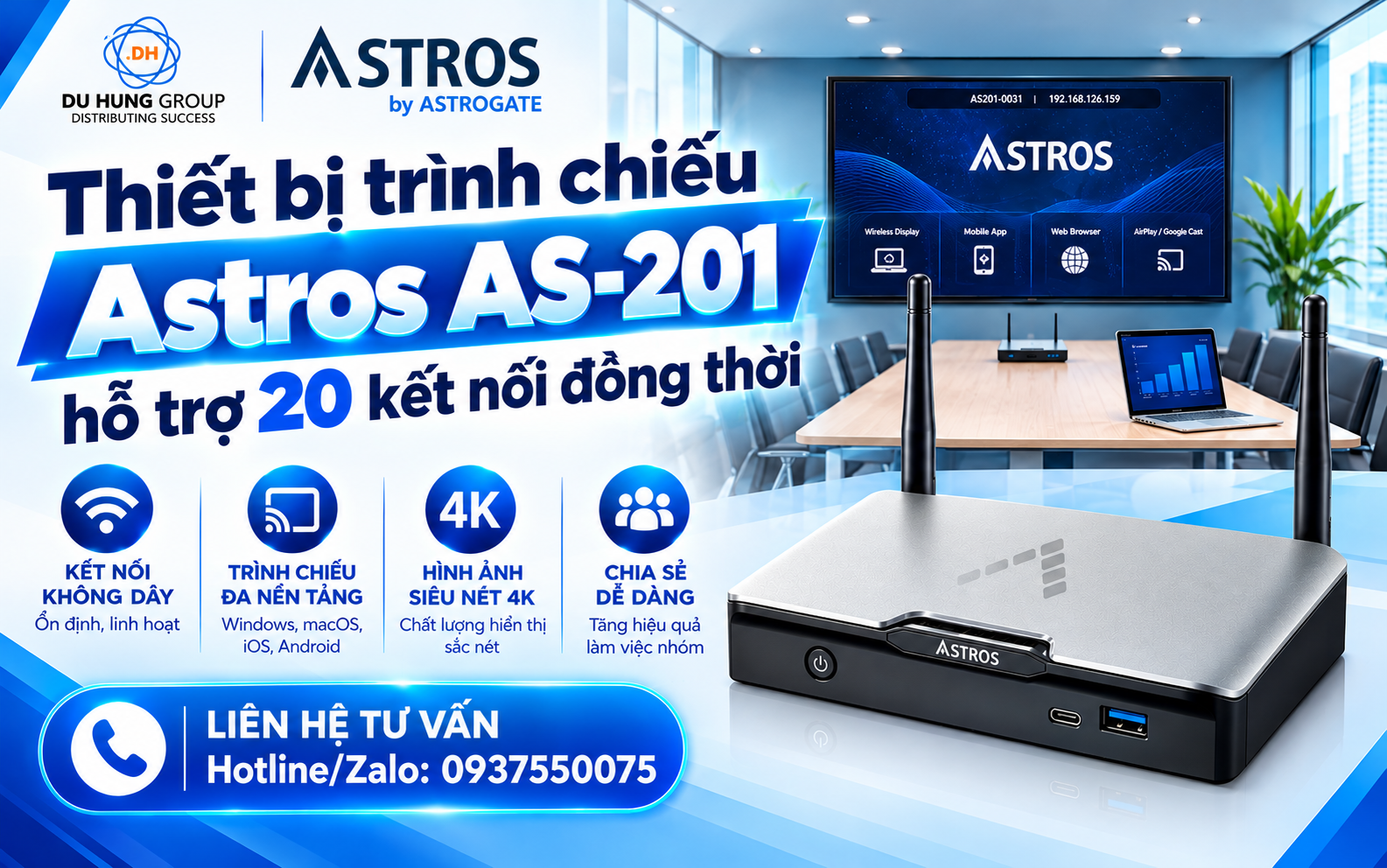 Thiết bị trình chiếu Astros AS-201 hỗ trợ 20 kết nối đồng thời